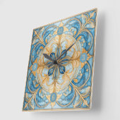 バロックフローラタイルPat#19アクアブルー金ゴールドID1078 スクエア壁時計 (傾斜)