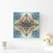 バロックフローラタイルPat#20青緑金ゴールドID1078 スクエア壁時計 (ホーム)