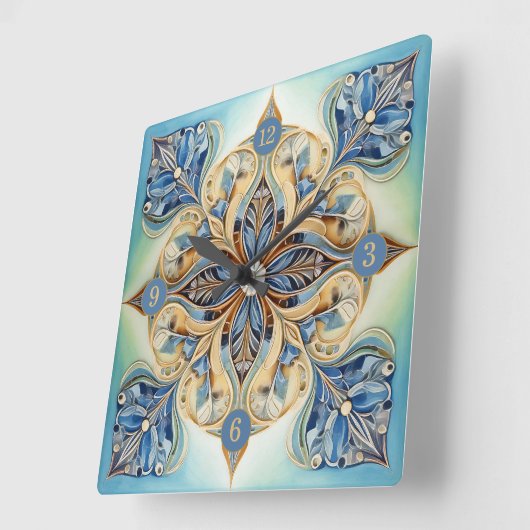バロックフローラタイルPat#20青緑金ゴールドID1078 スクエア壁時計 (傾斜)