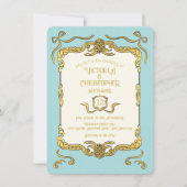 バロックリージェンシーフェイク金ゴールドブルーボウ結婚ズ 招待状 (正面)