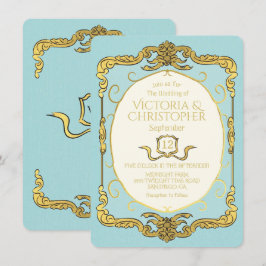 バロックリージェンシーフェイク金ゴールドブルー結婚ズ 招待状