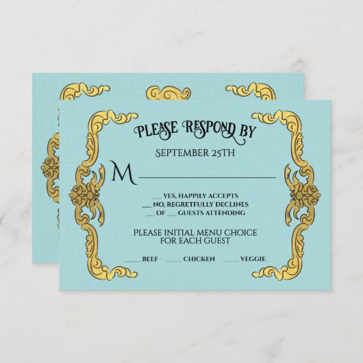 バロックリージェンシーフェイク金ゴールドブルーRSVP応答カード 招待状 (正面/裏面)