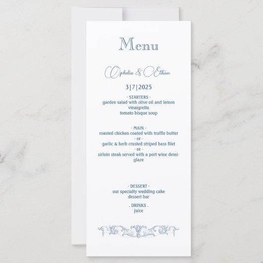 バロックヴィンテージダスティブルーウェディングパーティーメニュー (正面)