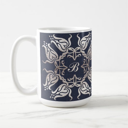 バロック式のスタイルの花の青いパターン コーヒーマグカップ (左)