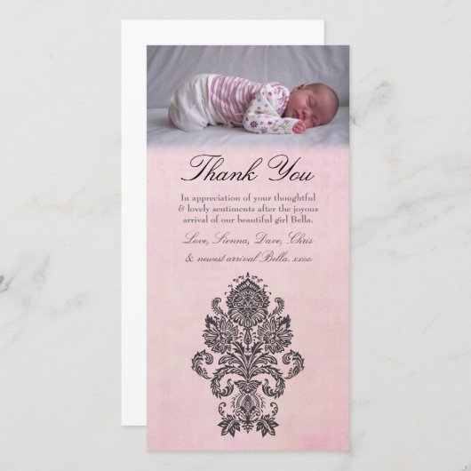 バロック式のピンクはノートの女の赤ちゃんの写真カード感謝していしています サンキューカード (正面/裏面)