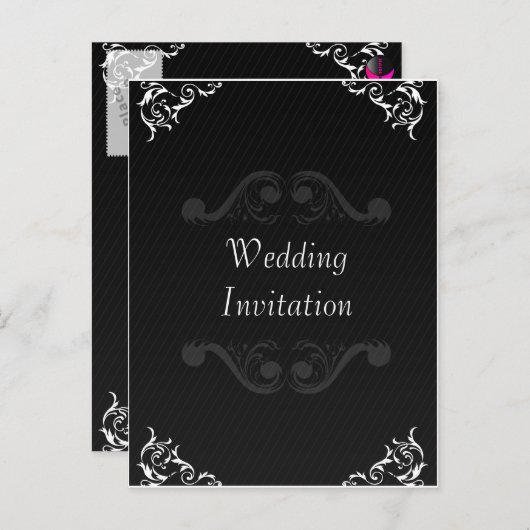 バロック式ウェディング招待白黒 インビテーションポストカード (正面/裏面)