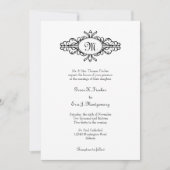バロック式フレームの独身のなモノグラムの白黒の結婚式 招待状 (正面)