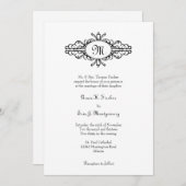 バロック式フレームの独身のなモノグラムの白黒の結婚式 招待状 (正面/裏面)