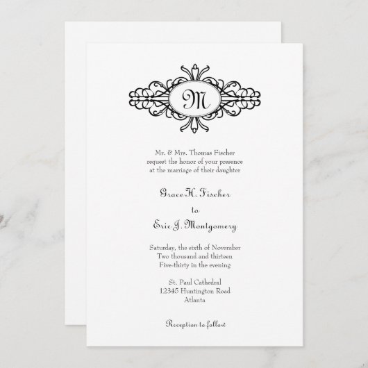 バロック式フレームの独身のなモノグラムの白黒の結婚式 招待状 (正面/裏面)