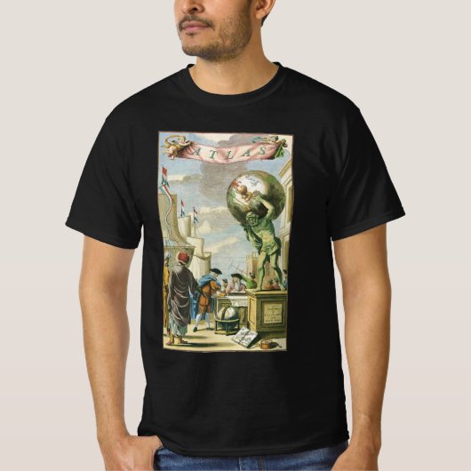 バロック時代の古風なアトラス扉絵 世界地図 Tシャツ (正面)