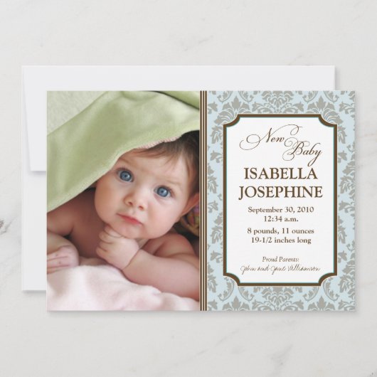 バロック柄ベビー誕生発表（青） 案内状 (正面)