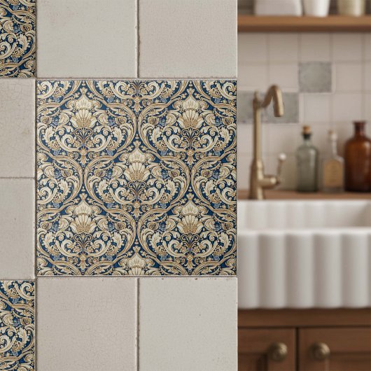 バロック様式のアカンサス スワール パターン#3 青金 ID1194 タイル