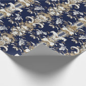 バロック様式のダークブルー金ゴールド模様 ラッピングペーパー (角)
