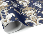 バロック様式のダークブルー金ゴールド模様 ラッピングペーパー (ロールコーナー)