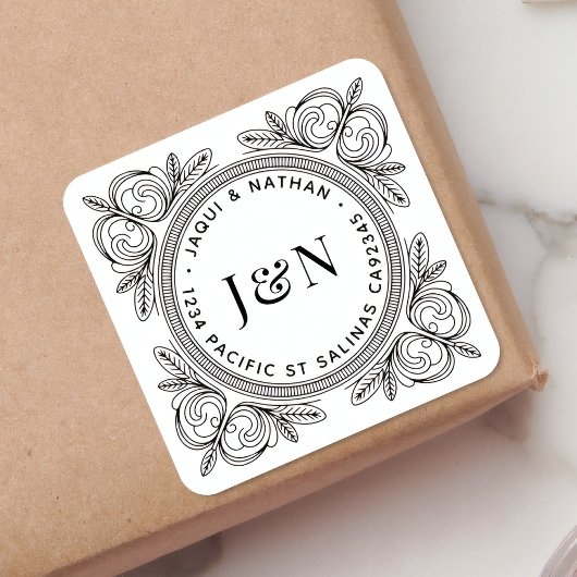 バロック様式の葉のデザインが美しいオリジナル返送ラベル - カスタム スクエアシール