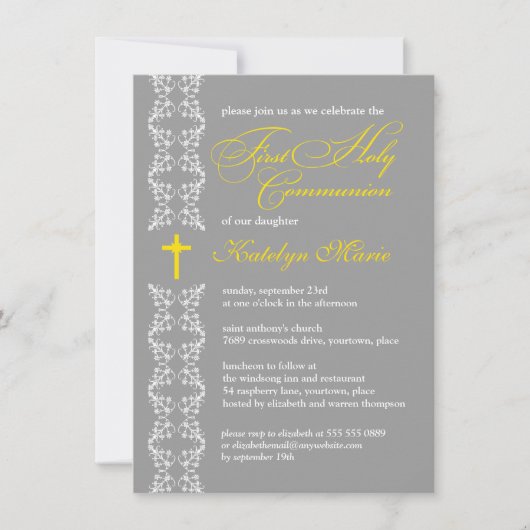 バロック様式グレーストリップファースト・ホリー・コミュニオン 招待状 (正面)