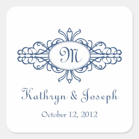 バロック様式モングラム海軍ブルー結婚式の引き出物ラベル スクエアシール (正面)
