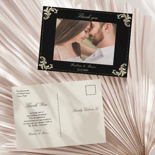 バロック様式 ブラックゴールド 結婚式のお礼 ポストカード