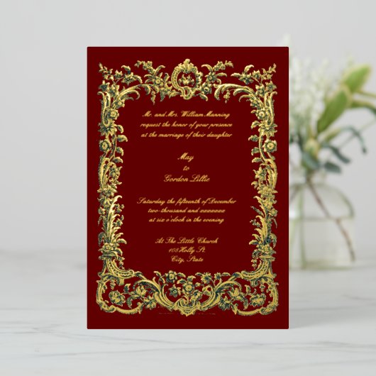 バロック縁どロココフローラ二つのハート 箔招待状 (立ち正面)