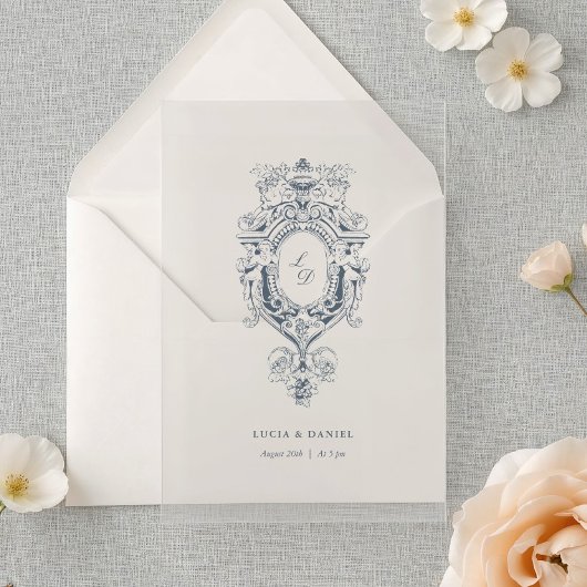 バロック装飾紋章カリグラフィー結婚式 アクリル招待状