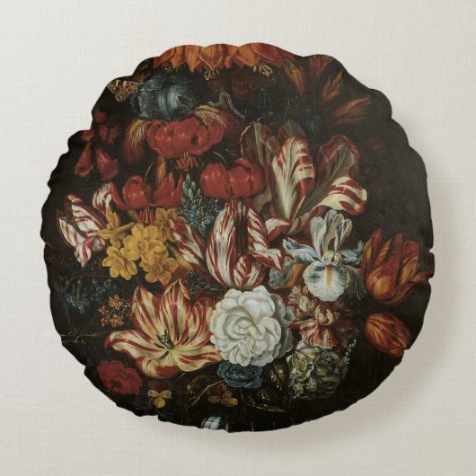 バロック調の花瓶に活けた花の静物画 ラウンドクッション (正面)
