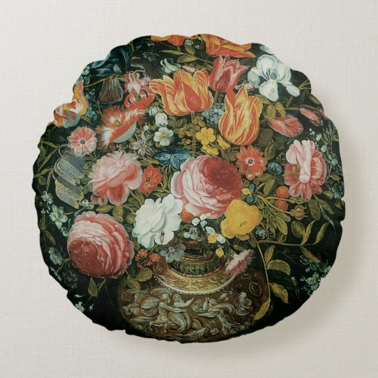 バロック調の花瓶に生けたヴィンテージの静物画の花々 ラウンドクッション (正面)