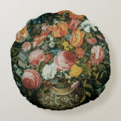 バロック調の花瓶に生けたヴィンテージの静物画の花々 ラウンドクッション (裏面)