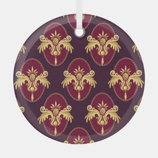 バロック金ゴールドスコネマゼンタパターン ガラスオーナメント (正面)