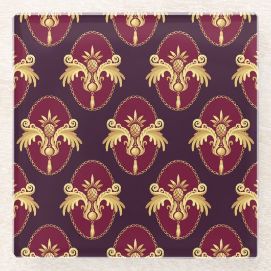 バロック金ゴールドスコネマゼンタパターン ガラスコースター (正面)