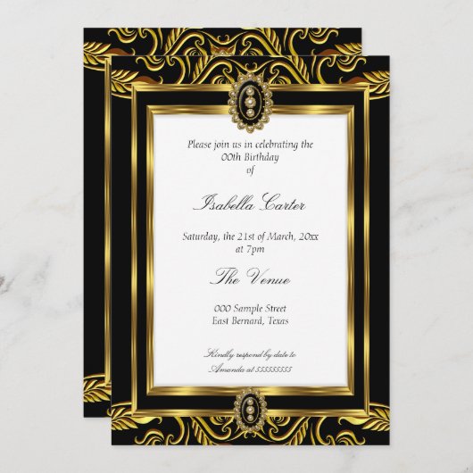 バロック金ゴールドブラックジュエルホワイトバースデーパーティー 招待状 (正面/裏面)