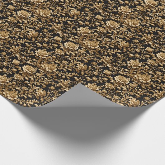 バロック風の優雅さ：黒と金ゴールドの花 ラッピングペーパー (角)