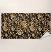 バロック風エレガンス:ブラックと金ゴールドフローラフランダース ビーチタオル (正面)