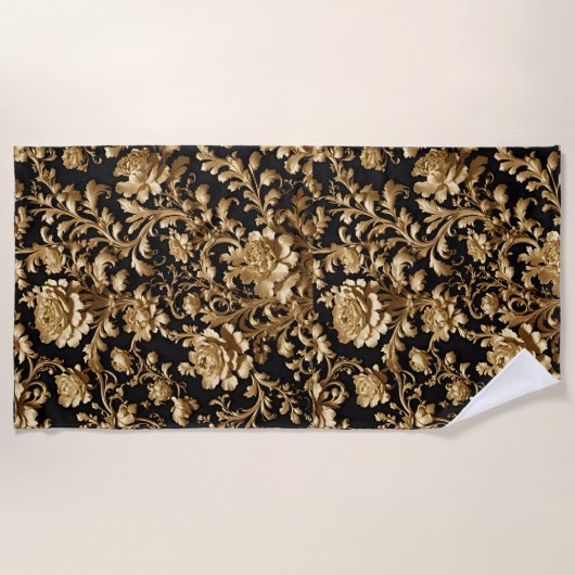 バロック風エレガンス:ブラックと金ゴールドフローラフランダース ビーチタオル (正面)