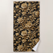 バロック風エレガンス:ブラックと金ゴールドフローラフランダース ビーチタオル (正面)