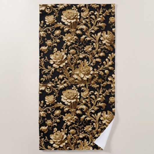 バロック風エレガンス:ブラックと金ゴールドフローラフランダース ビーチタオル (正面)