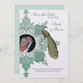 バロックPeacock保存の日付招待状 – ブルーグリーン セーブザデート (正面/裏面)