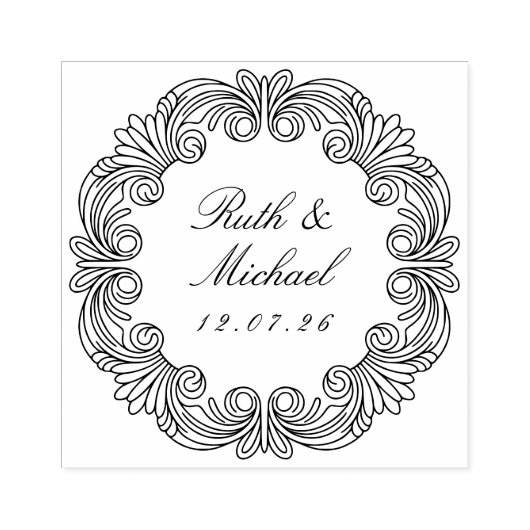 バロ華美ークのスクロール結婚ワーク木製名日付 ラバースタンプ (インプリント)