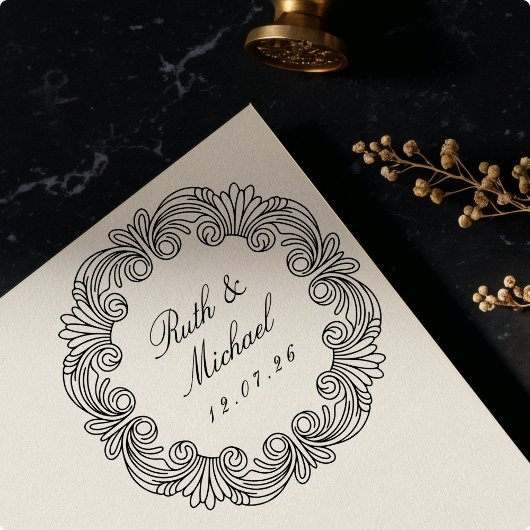 バロ華美ークのスクロール結婚ワーク木製名日付 ラバースタンプ