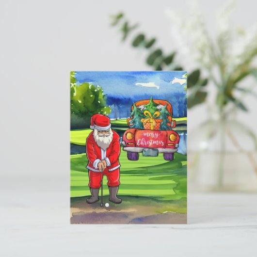 バンカーでゴルフのクリスマスサンタクロースゴルファー シーズンポストカード (スタンド正面)