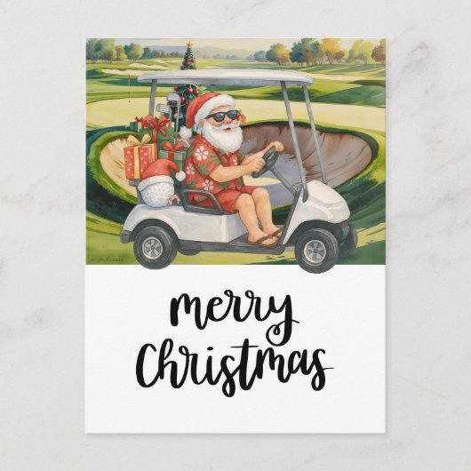 バンカー近くのゴルフカートに乗るゴルフサンタ クリスマス (正面)