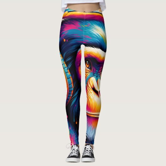 バンクシーDJモンキーゴリラチンパアートプリント レギンス (正面)