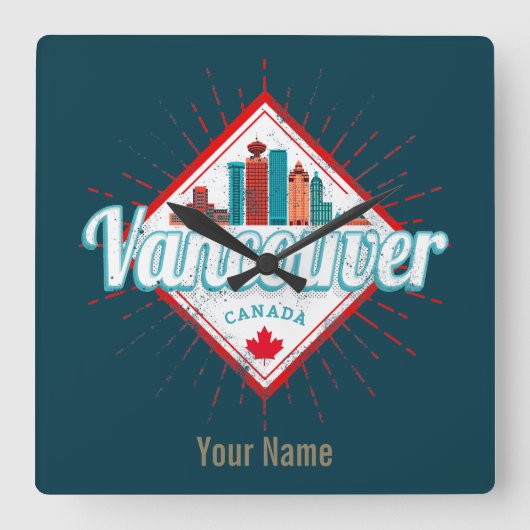 バンクーバースカイラインブリティッシュコロンビアレトロカナダ スクエア壁時計 (正面)