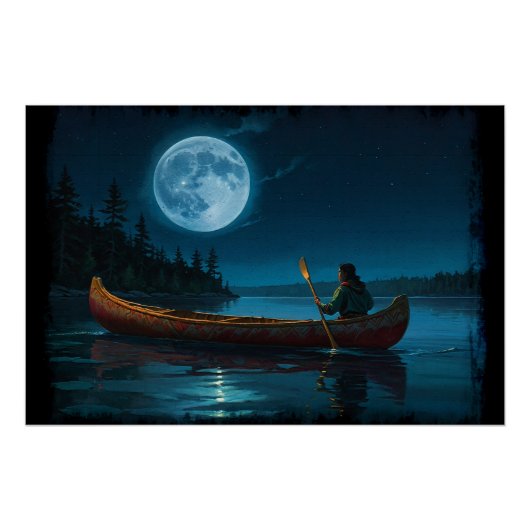 バンクーバー島とカヌーの上の月 ポスター (正面)