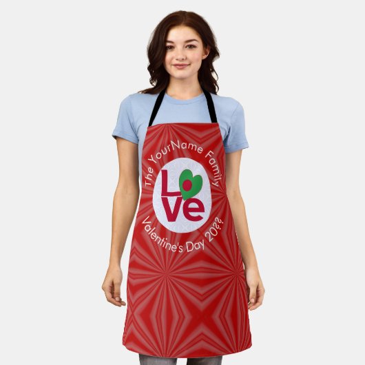 バングラデシュの赤いLOVE旗 カスタマイズ可能 エプロン (着用した状態)