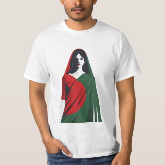 バングラデシュ女性のサリー – 国旗カラーTシャツ Tシャツ (正面)