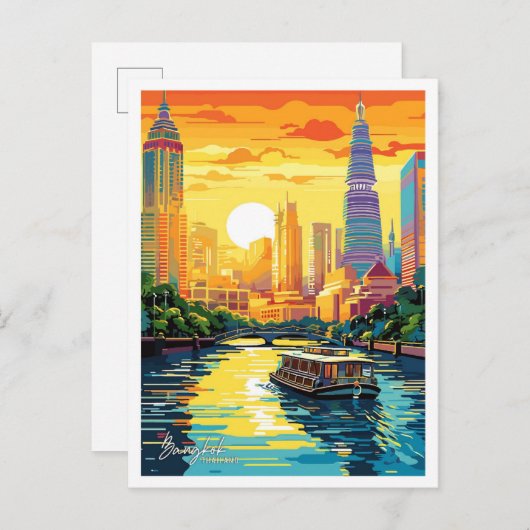 バンコクタイランドアートヴィンテージトラベルイラストレーション ポストカード (正面/裏面)