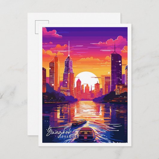 バンコクタイランドアートヴィンテージトラベルイラストレーション ポストカード (正面/裏面)