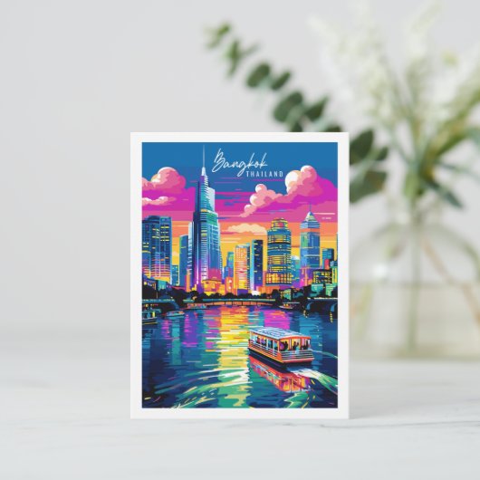 バンコクタイランドヴィンテージトラベルプレイスイラストレーション ポストカード (スタンド正面)