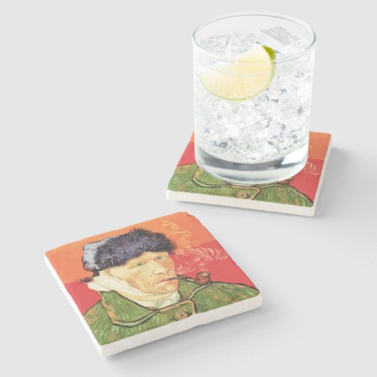 バンゴッホ – 包帯された耳とパイプとセルフポートレート ストーンコースター (横)