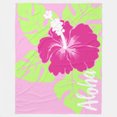 バンザイビーチハワイアンハイビスカスフローラアロハピンク フリースブランケット (正面)